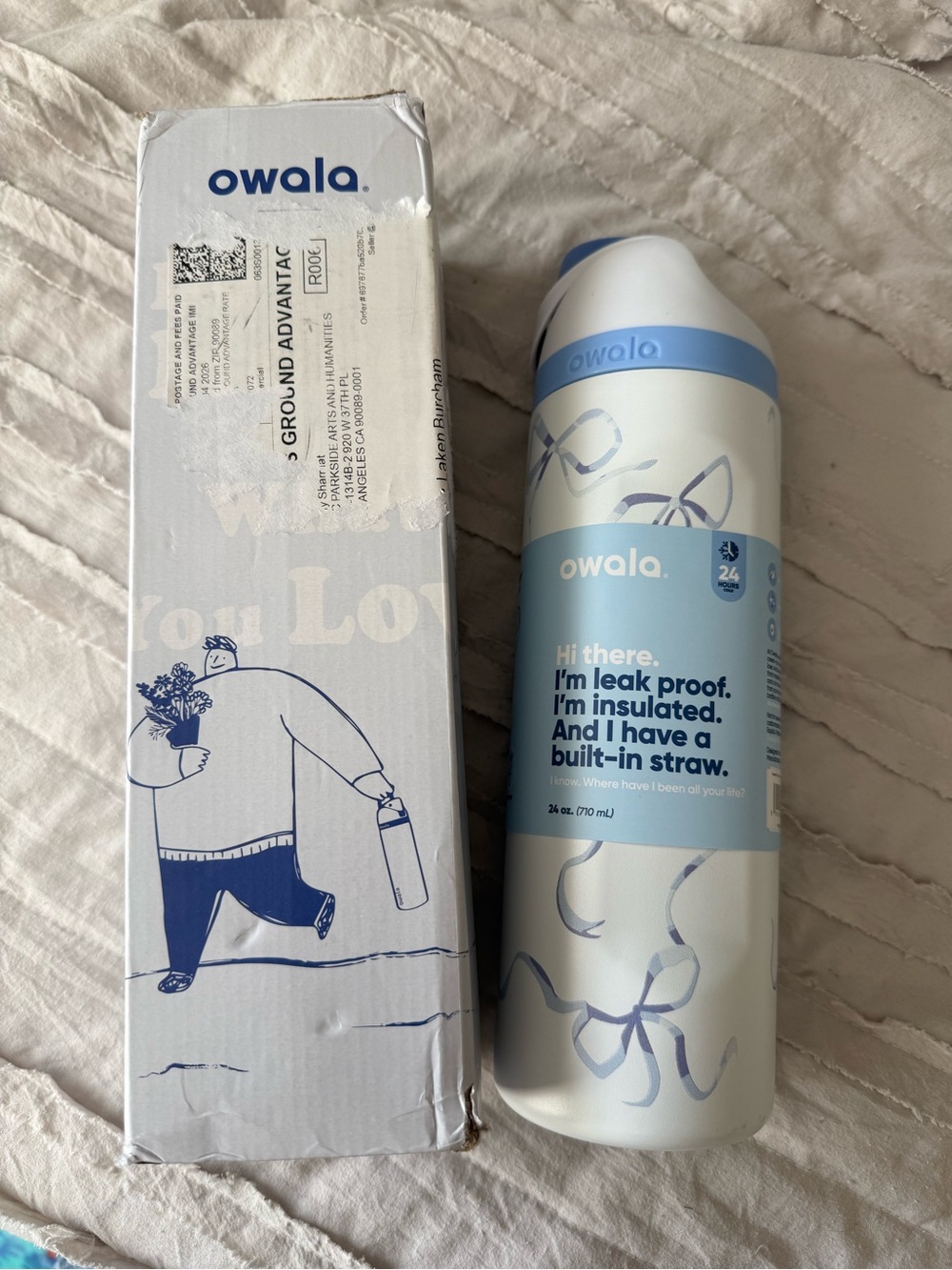 New Owala White & Blue Bows Insulated Water Bottle 24OZ Has Scratches See Pics